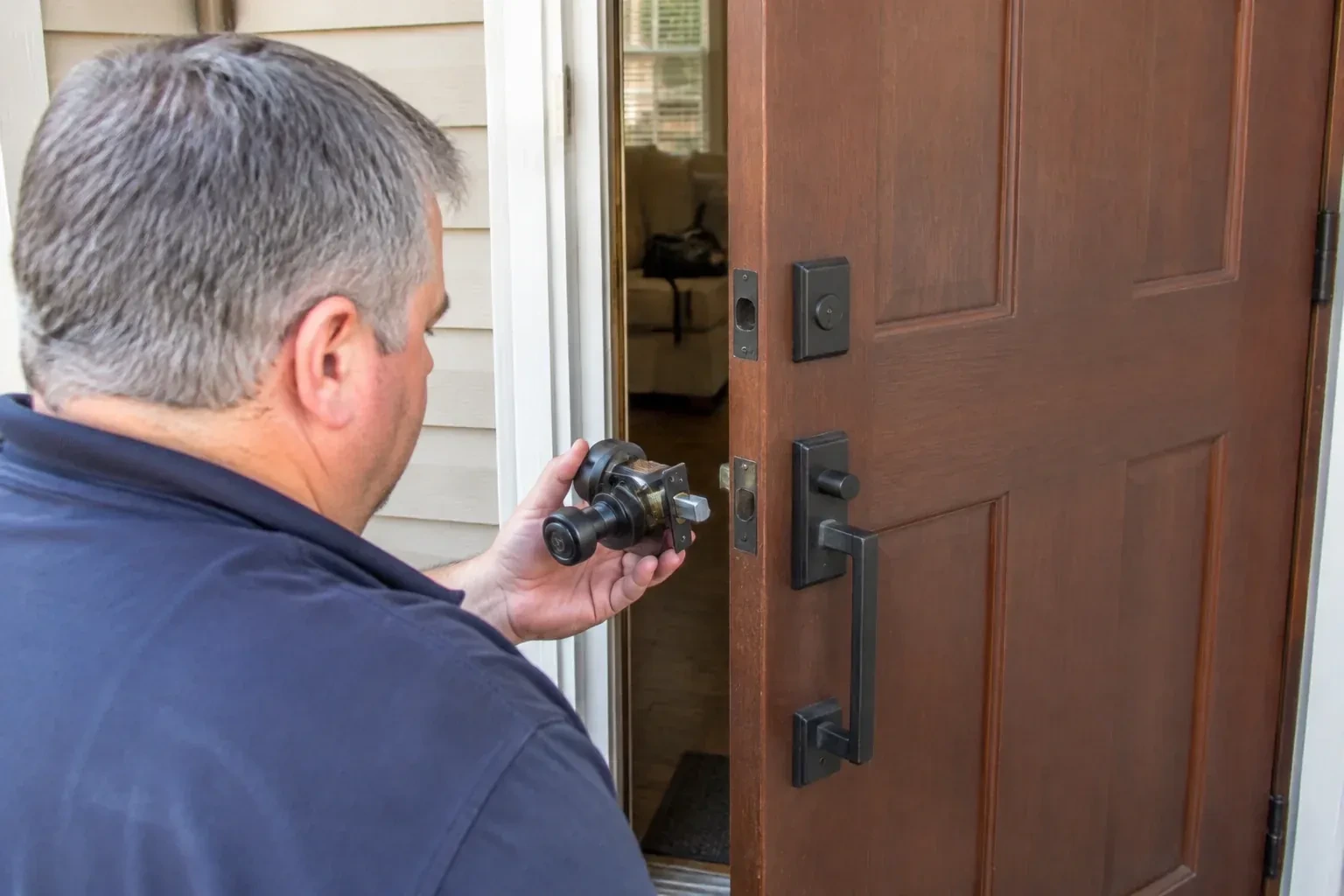 Person holding a removed black lock assembly beside a partly open brown front door with a long black pull handle. — Home Lockout Service, Brampton