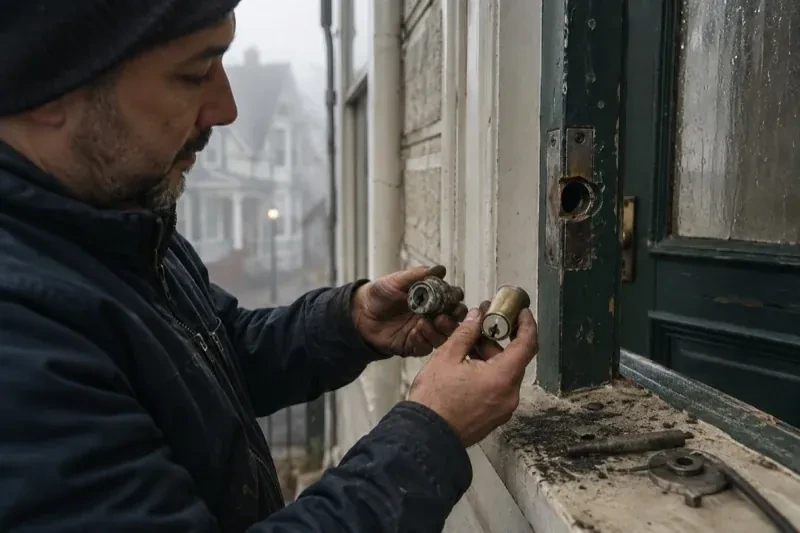 Person holding two lock cylinders beside an open painted door, with loose hardware and debris on the sill. — Seized & Jammed Lock Opening, Brampton