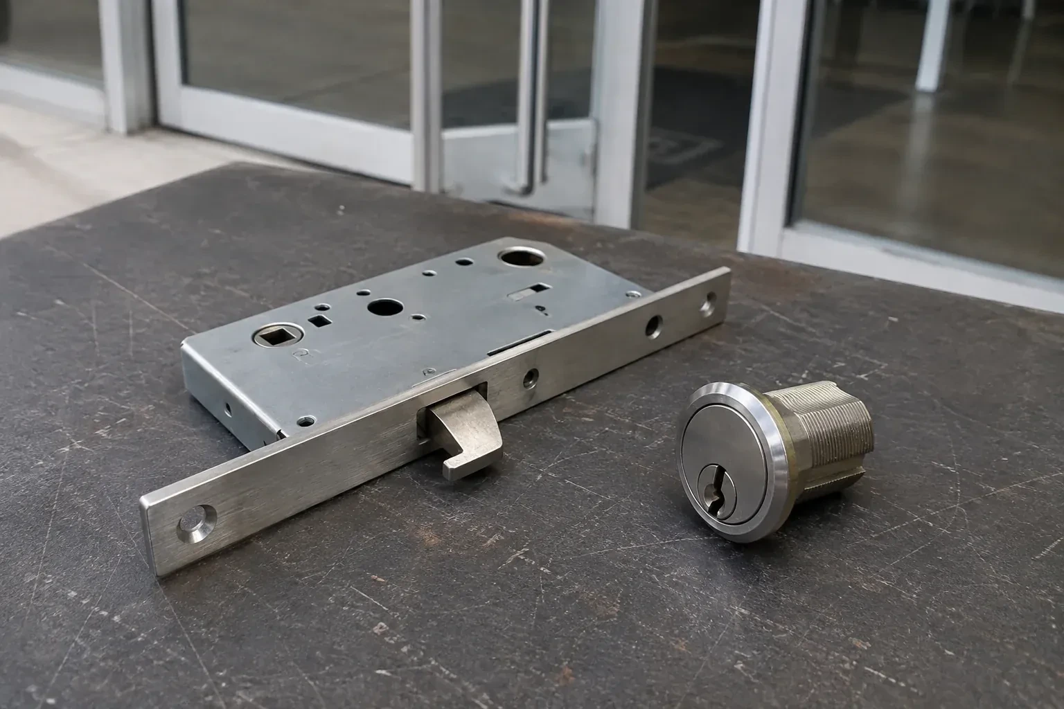 Detached mortise lock body with a projecting hook-shaped bolt beside a threaded cylinder. — Commercial-Grade Lock Replacement, Brampton