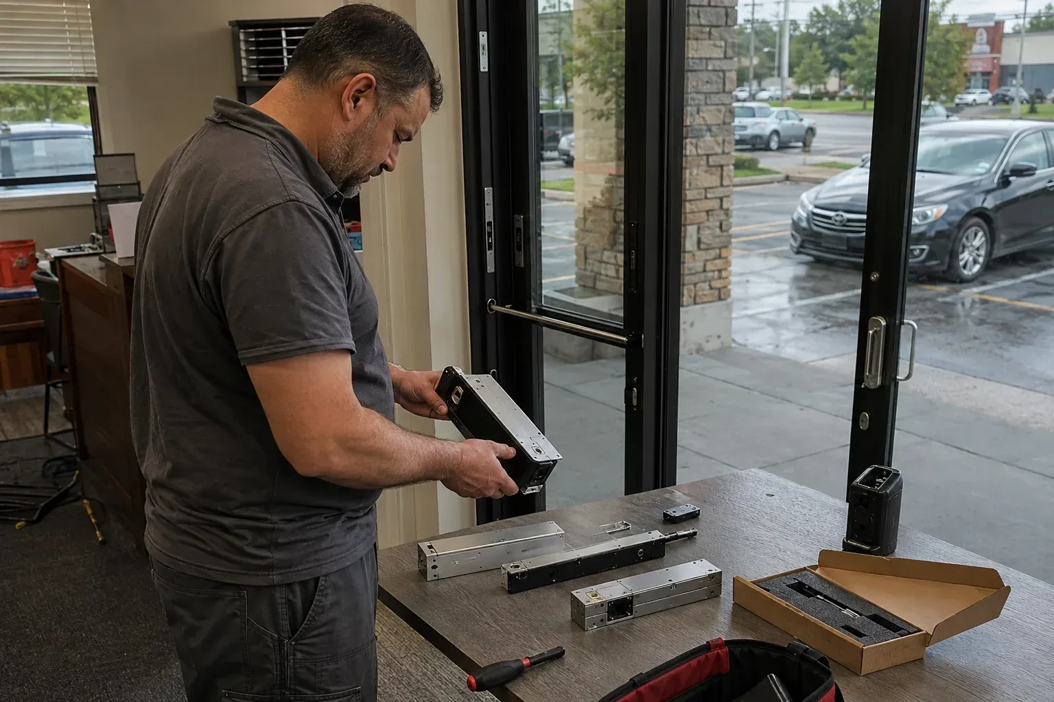 Person holding a rectangular door-hardware housing at a table with additional metal assemblies beside a glass entrance. — Access Control Installation, Brampton
