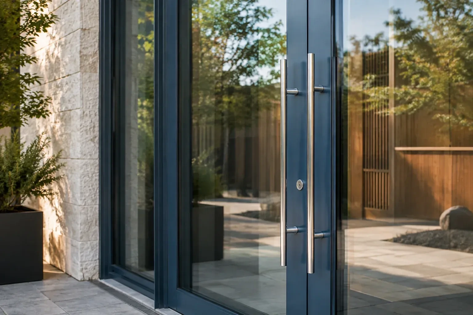 Dark-framed glass entrance doors with long silver-colored vertical pull handles and a round keyhole. — Business Lockout Service, Brampton