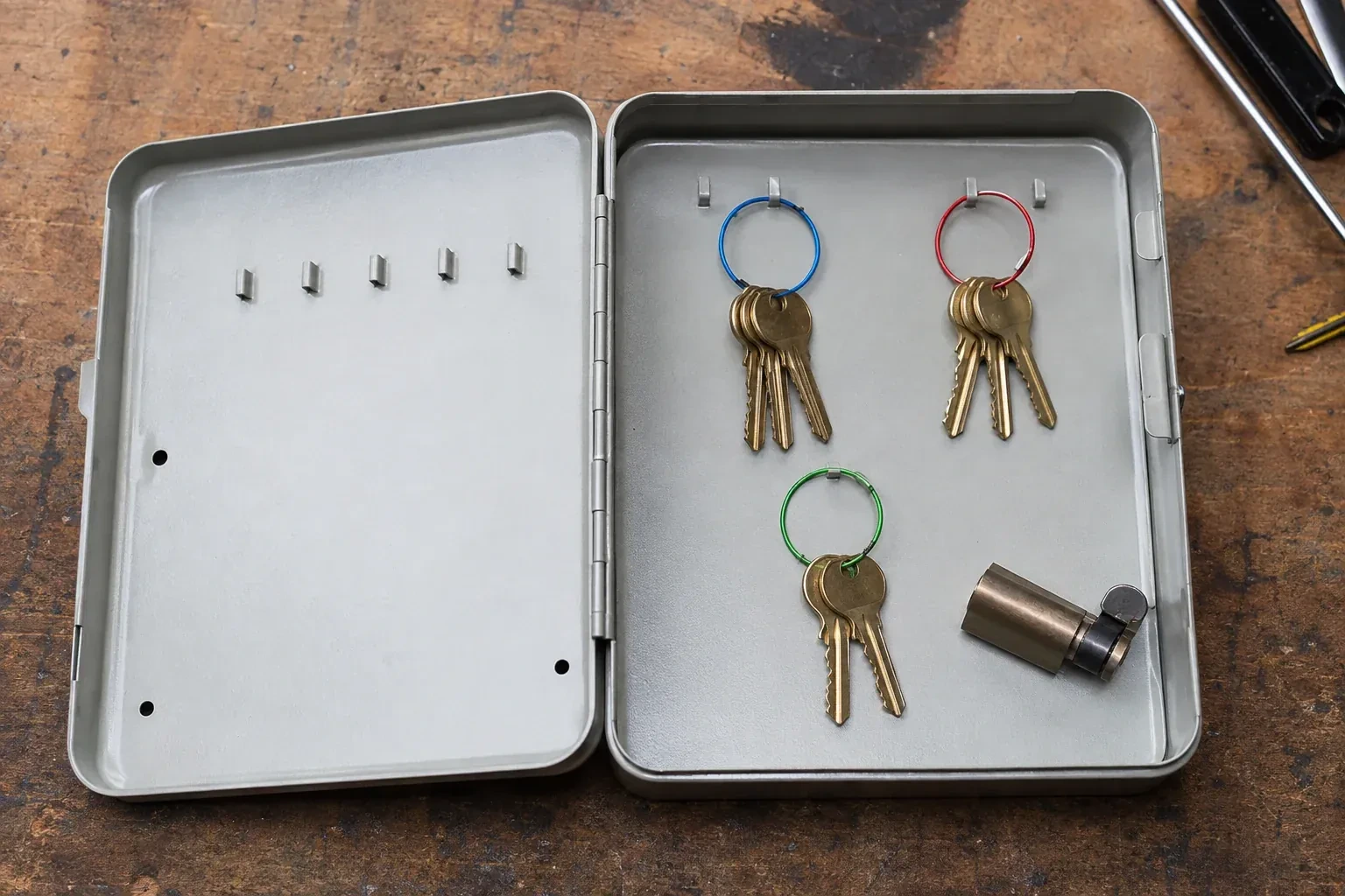 Three groups of keys on colored rings in an open metal key cabinet. — Master Key System Design, Brampton