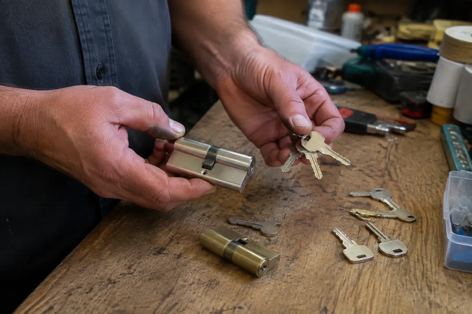 Hands holding a lock cylinder and a ring of keys above a worn workbench with another cylinder and loose keys. — Lock Rekeying, Brampton