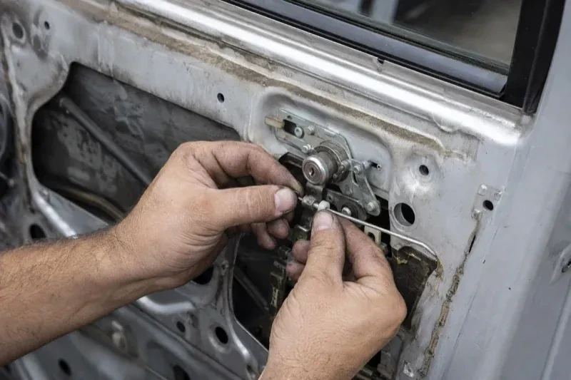 Hands holding a small linkage beside an exposed car-door lock mechanism with the interior trim removed. — Vehicle Lock Repair, Brampton