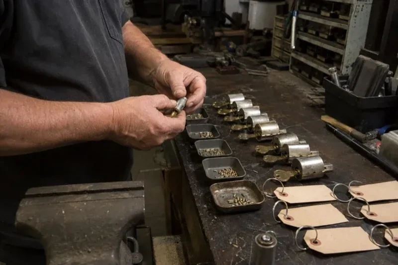 Person handling a lock cylinder at a workbench lined with cylinders, keys, small pin trays and blank key tags. — Commercial Rekeying, Brampton