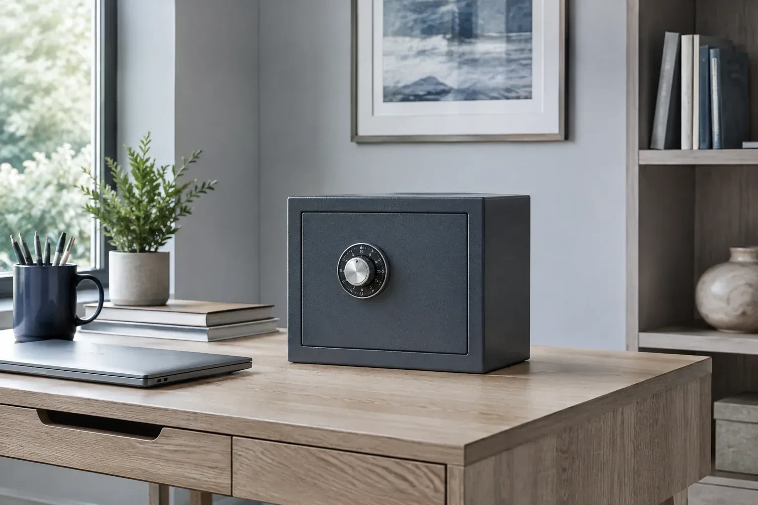 Small dark safe with a combination dial on a wooden desk beside a closed laptop and books. — Safe Opening & Combination Change, Brampton