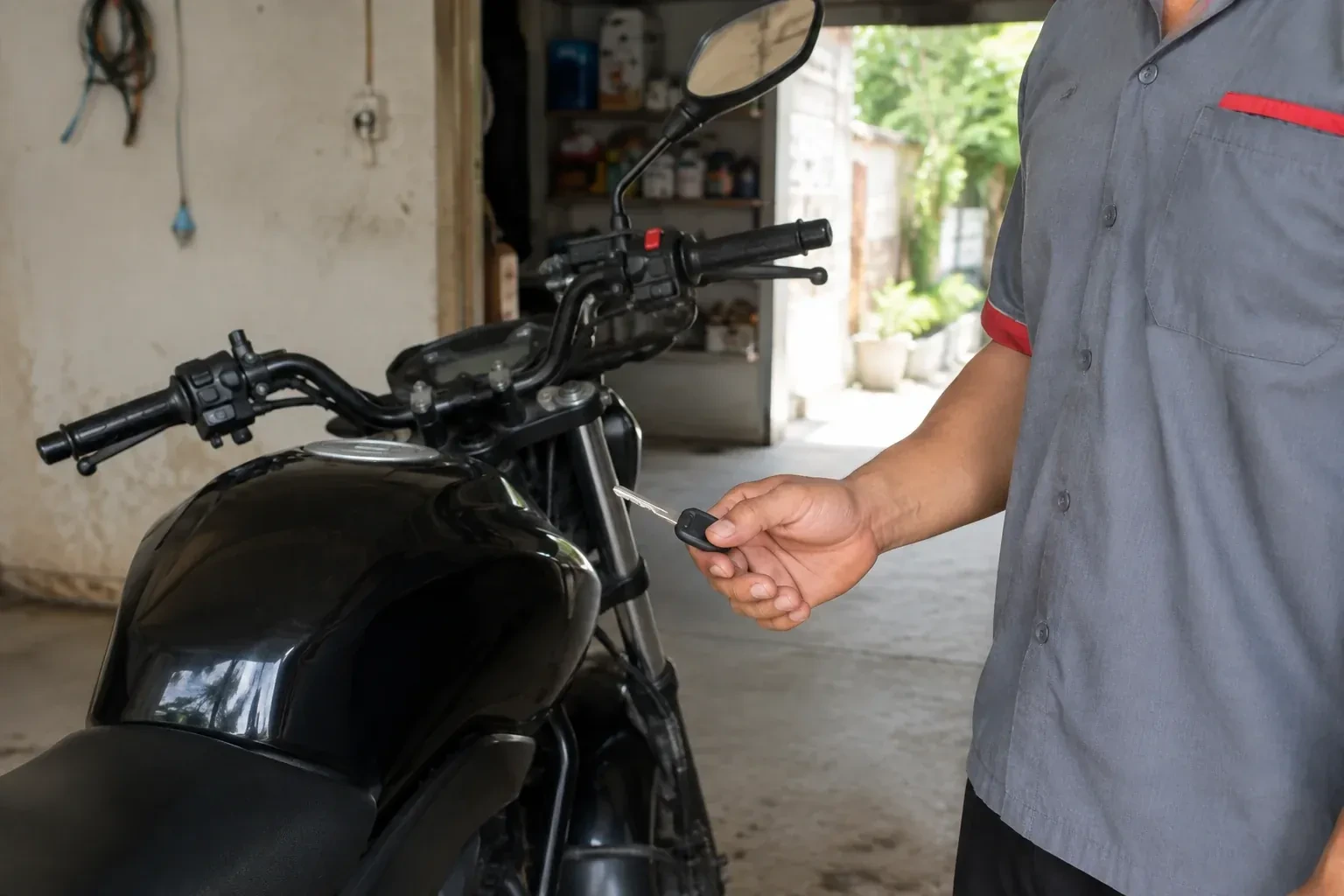 Technician holding a black-headed key beside a parked motorcycle. — Motorcycle & Scooter Keys, Brampton
