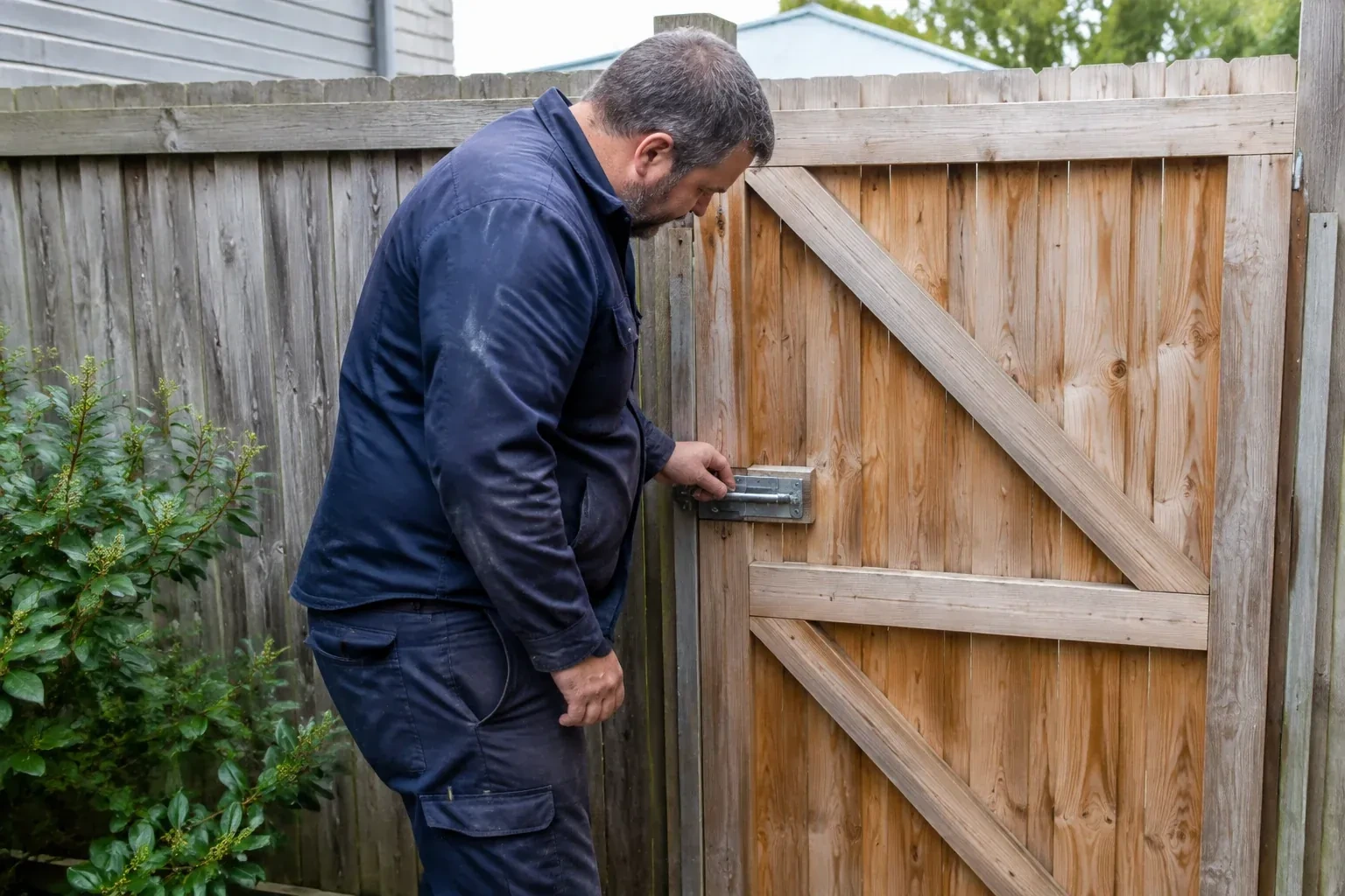 Person touching the sliding metal bolt on a wooden garden gate. — Gate & Building Entry Locks, Brampton