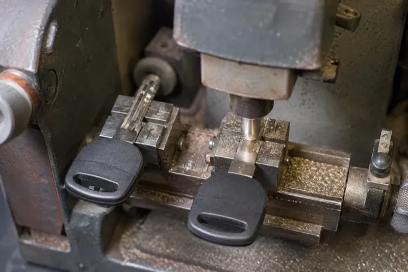 Two black-headed keys clamped in a bench machine, one beneath a vertical cutter, with metal shavings around the clamps. — Spare Car Key Duplication, Brampton